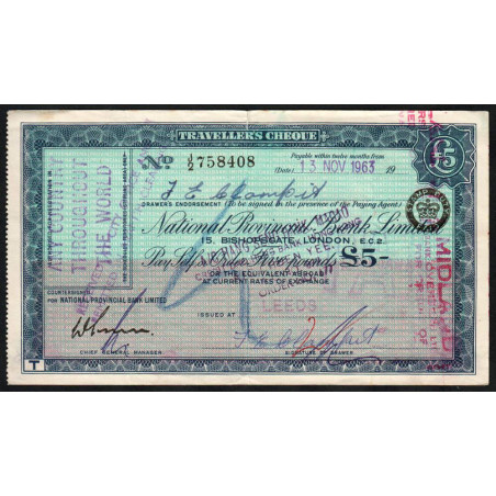 Grande-Bretagne - Chèque Voyage - National Provincial - 5 pounds - 1963 - Etat : TTB