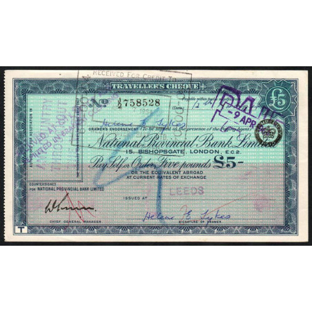 Grande-Bretagne - Chèque Voyage - National Provincial - 5 pounds - 1964 - Etat : SUP