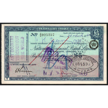 Grande-Bretagne - Chèque Voyage - National Provincial - 5 pounds - 1964 - Etat : SUP