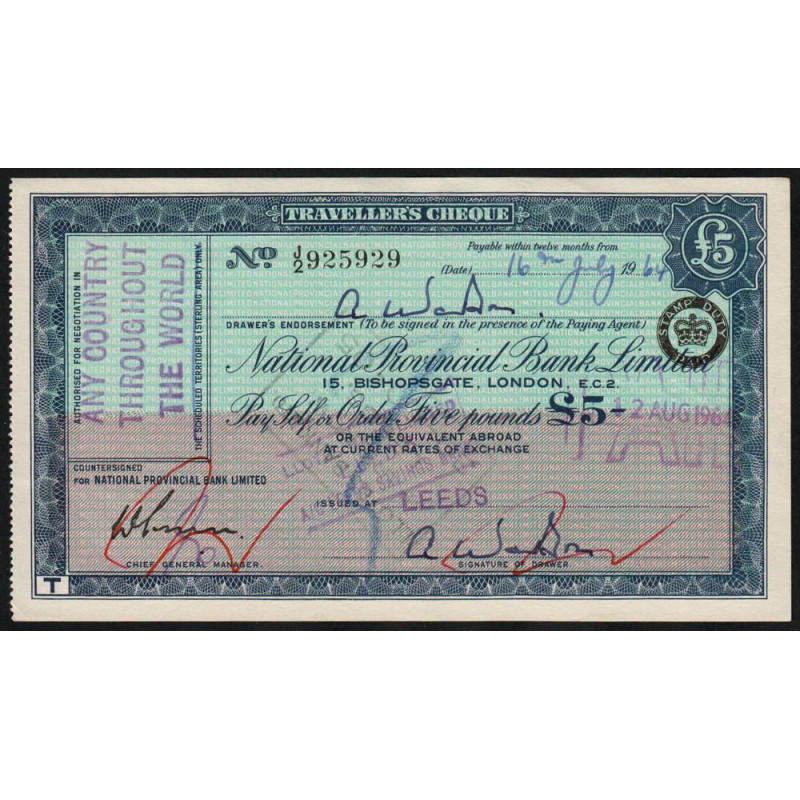 Grande-Bretagne - Chèque Voyage - National Provincial - 5 pounds - 1964 - Etat : SPL