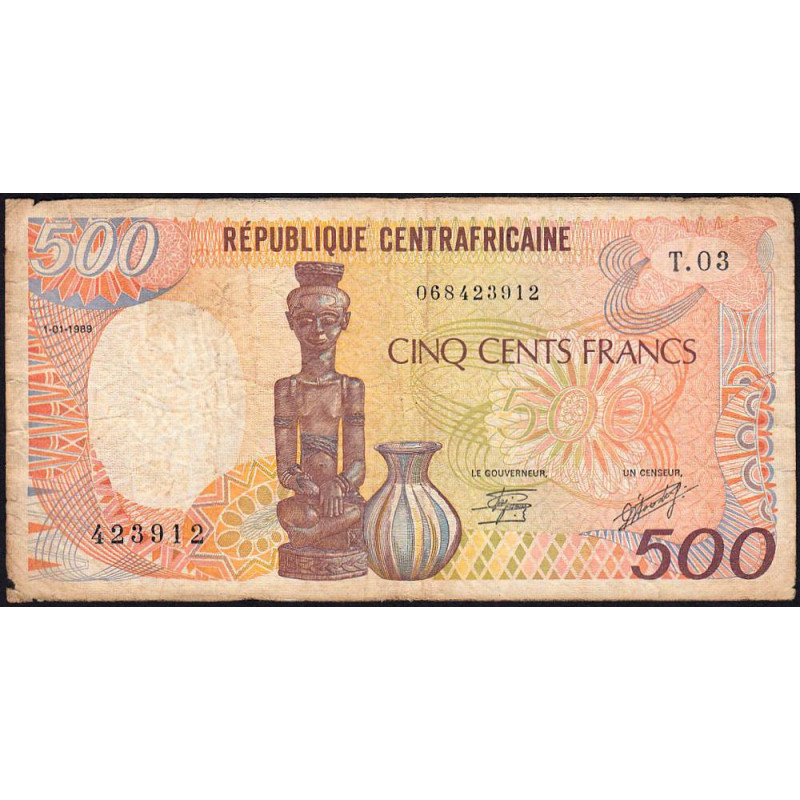 Centrafrique - Pick 14d - 500 francs - Série T.03 - 01/01/1989 - Etat : B+