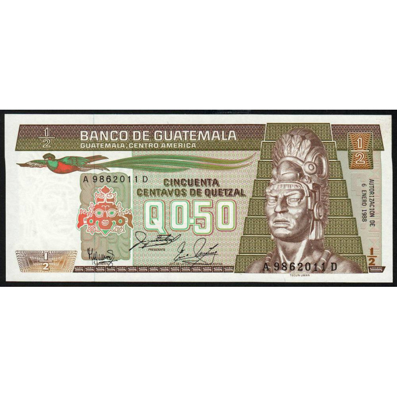 Guatémala - Pick 65_8b - 0,50 quetzal - 06/01/1988 - Série A D - Etat : NEUF