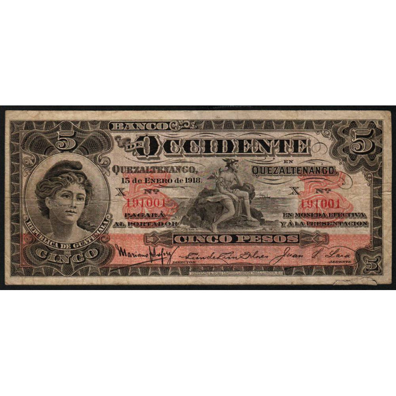 Guatémala - Pick S 177 - 5 pesos - 15/01/1918 - Série X - Etat : B