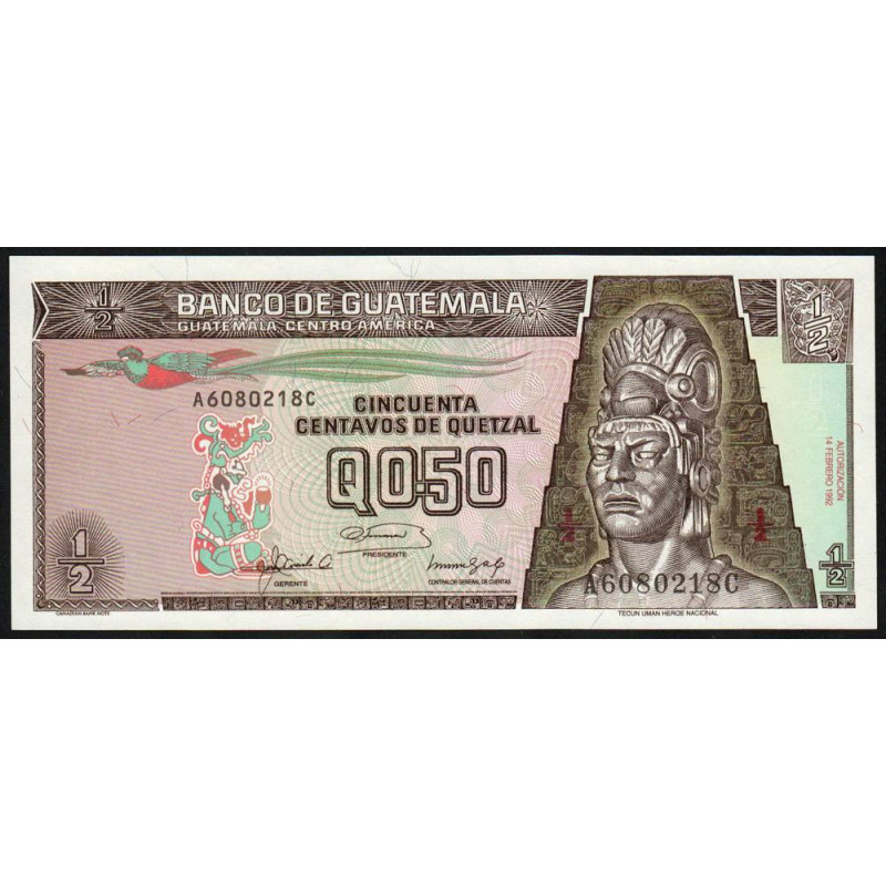 Guatémala - Pick 72b - 0,50 quetzal - 14/02/1992 - Série AC - Etat : NEUF