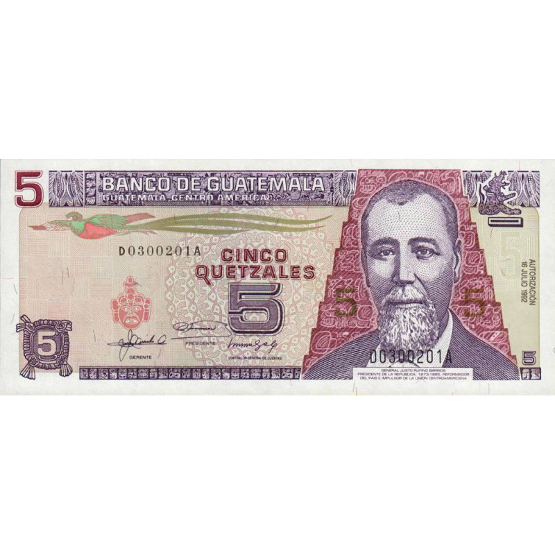 Guatémala - Pick 81 - 5 quetzales - 16/07/1992 - Série D A - Etat : NEUF