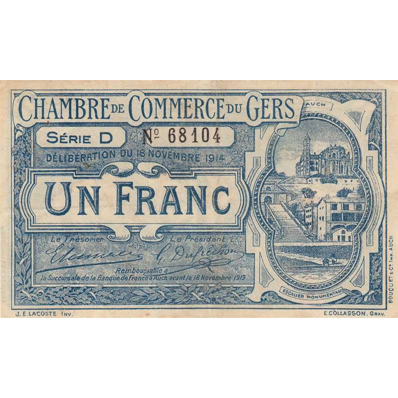 Auch (Gers) - Pirot 15-3 - 1 franc - Série D - 18/11/1914 - Etat : TTB