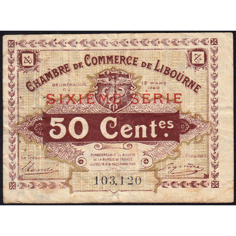Libourne - Pirot 72-29 - 50 centimes - Sixième série - 12/03/1920 - Etat : TB-
