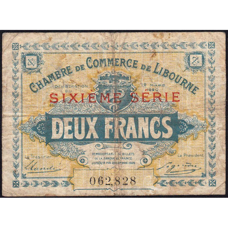 Libourne - Pirot 72-31 - 2 francs - Sixième série - 12/03/1920 - Etat : B