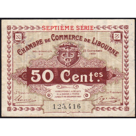 Libourne - Pirot 72-32 - 50 centimes - Septième série - 23/09/1920 - Etat : TTB