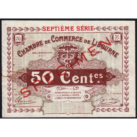 Libourne - Pirot non répertorié - 50 centimes - Septième série - 23/09/1920 - Spécimen - Etat : SUP+