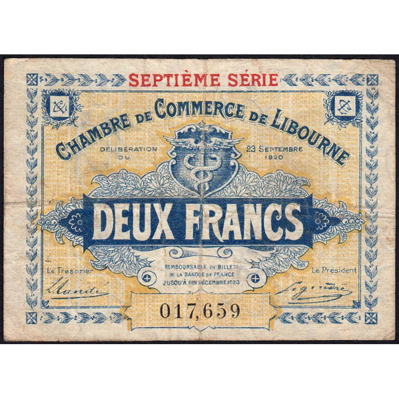Libourne - Pirot 72-34 - 2 francs - Septième série - 23/09/1920 - Etat : TB-