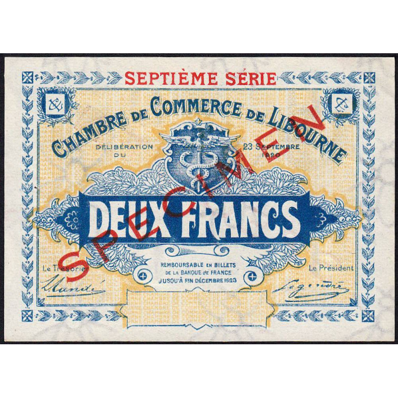 Libourne - Pirot non répertorié - 2 francs - Septième série - 23/09/1920 - Spécimen - Etat : SUP+