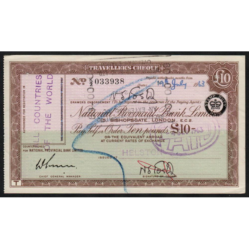 Grande-Bretagne - Chèque Voyage - National Provincial - 10 pounds - 1963 - Etat : TTB