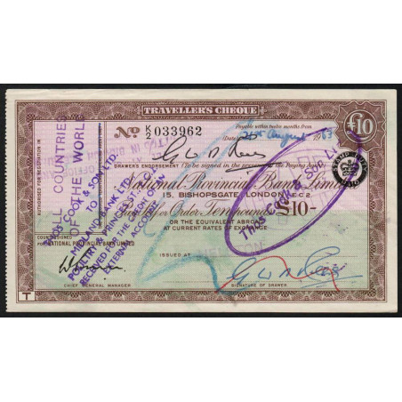 Grande-Bretagne - Chèque Voyage - National Provincial - 10 pounds - 1963 - Etat : SUP