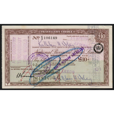 Grande-Bretagne - Chèque Voyage - National Provincial - 10 pounds - 1963 - Etat : TTB+