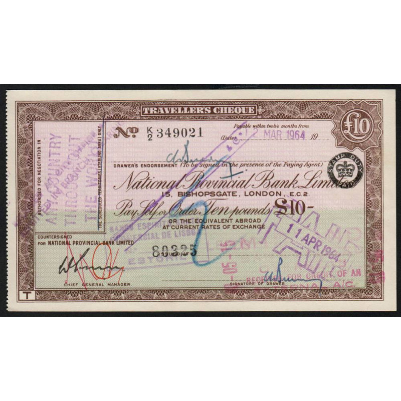 Grande-Bretagne - Chèque Voyage - National Provincial - 10 pounds - 1964 - Etat : SUP+