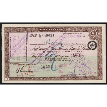 Grande-Bretagne - Chèque Voyage - National Provincial - 10 pounds - 1964 - Etat : SUP+