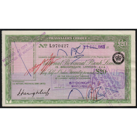 Grande-Bretagne - Chèque Voyage - National Provincial - 20 pounds - 1963 - Etat : SUP