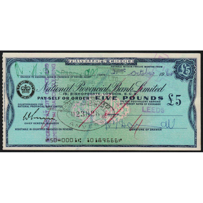 Grande-Bretagne - Chèque Voyage - National Provincial - 5 pounds - 1964 - Etat : TTB+