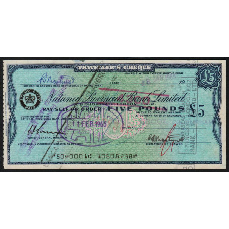 Grande-Bretagne - Italie - Chèque Voyage - National Provincial - 5 pounds - 1965 - Etat : SUP+