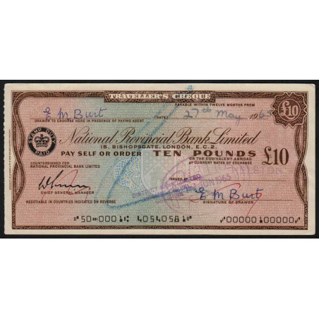 Grande-Bretagne - Chèque Voyage - National Provincial - 10 pounds - 1965 - Etat : SUP