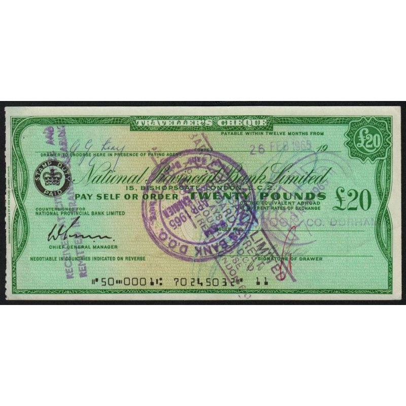 Grande-Bretagne - Afrique du Sud - Chèque Voyage - National Provincial - 20 pounds - 1965 - Etat : SUP+