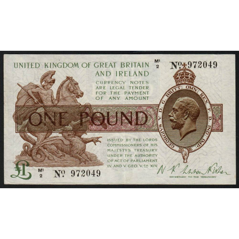 Grande-Bretagne - Pick 359a - 1 pound - 1922 - Etat : TTB+