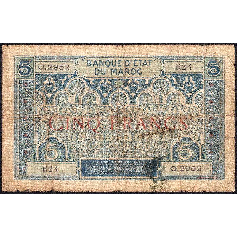 Maroc - Pick 9_3 - 5 francs - Série O.2952- 1929 - Etat : B+