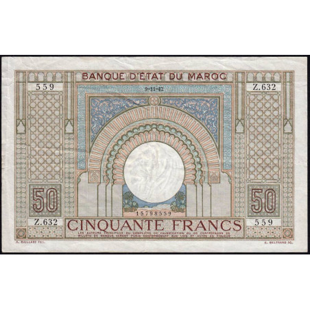 Maroc - Pick 21_3 - 50 francs - Série Z.632 - 09/11/1942 - Etat : TTB