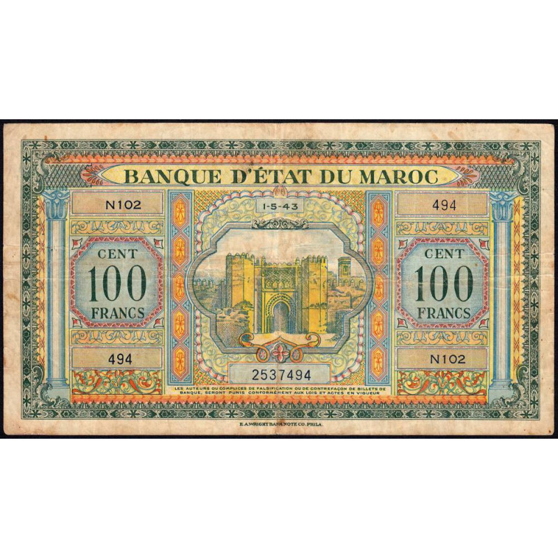 Maroc - Pick 27_1 - 100 francs - Série N102 - 01/05/1943 - Etat : TB