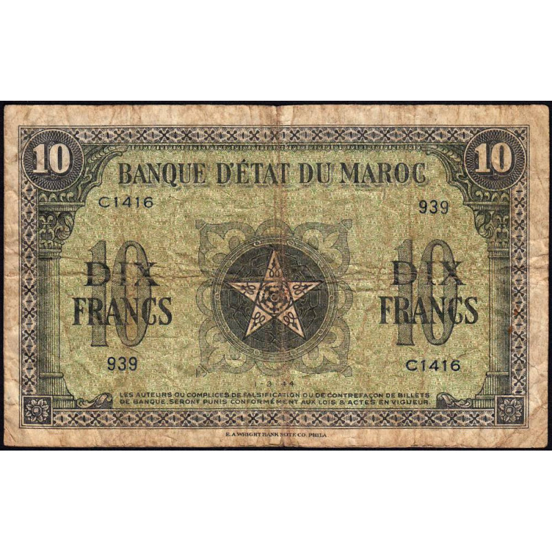 Maroc - Pick 25_3 - 10 francs - Série C1416 - 01/03/1944 - Etat : B