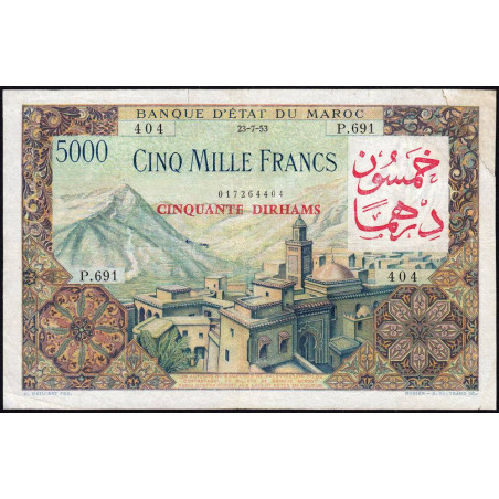 Maroc - Pick 51 - 50 dirhams sur 5'000 francs - Série P.294 - 1953 (1959) - Etat : B