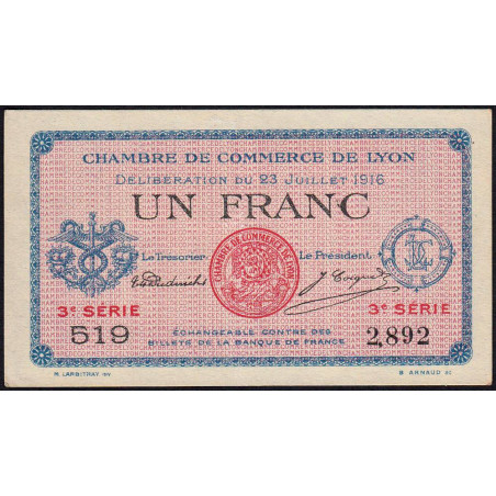 Lyon - Pirot 77-10 - 1 franc - 3e série 519 - 23/07/1916 - Etat : SUP