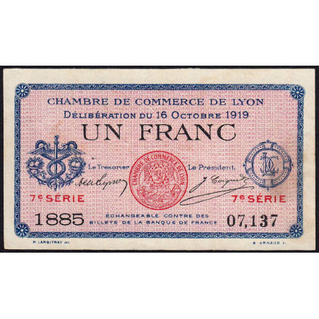 Lyon - Pirot 77-19 - 1 franc - 7e série 1885 - 16/10/1919 - Etat : TTB-