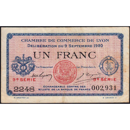 Lyon - Pirot 77-23 - 1 franc - 9e série 2248 - 09/09/1920 - Etat : TB