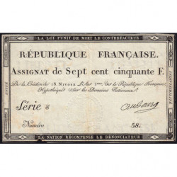 Assignat 49a - 750 francs - 18 nivôse an 3 - Signature 1 - Série 8 - Etat : TTB