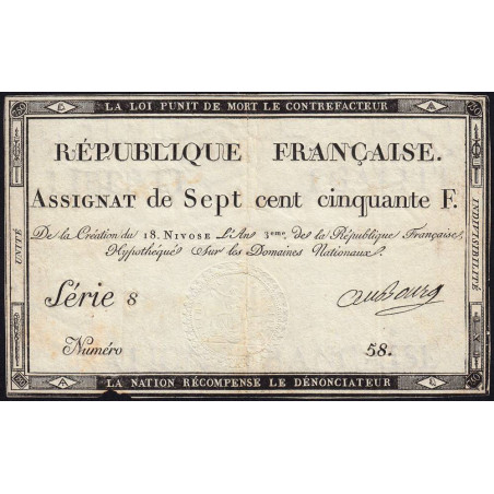 Assignat 49a - 750 francs - 18 nivôse an 3 - Série 8 - Etat : TTB