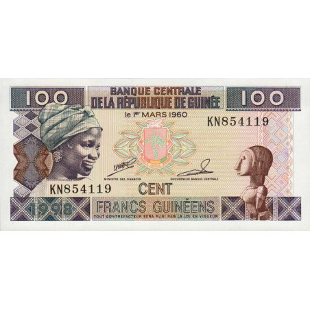 Guinée - Pick 35a_2 - 100 francs guinéens - Série KN - 1998 - Etat : NEUF