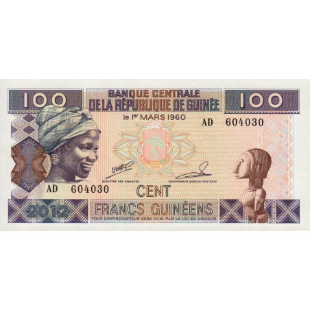 Guinée - Pick 35b - 100 francs guinéens - Série AD - 2012 - Etat : NEUF