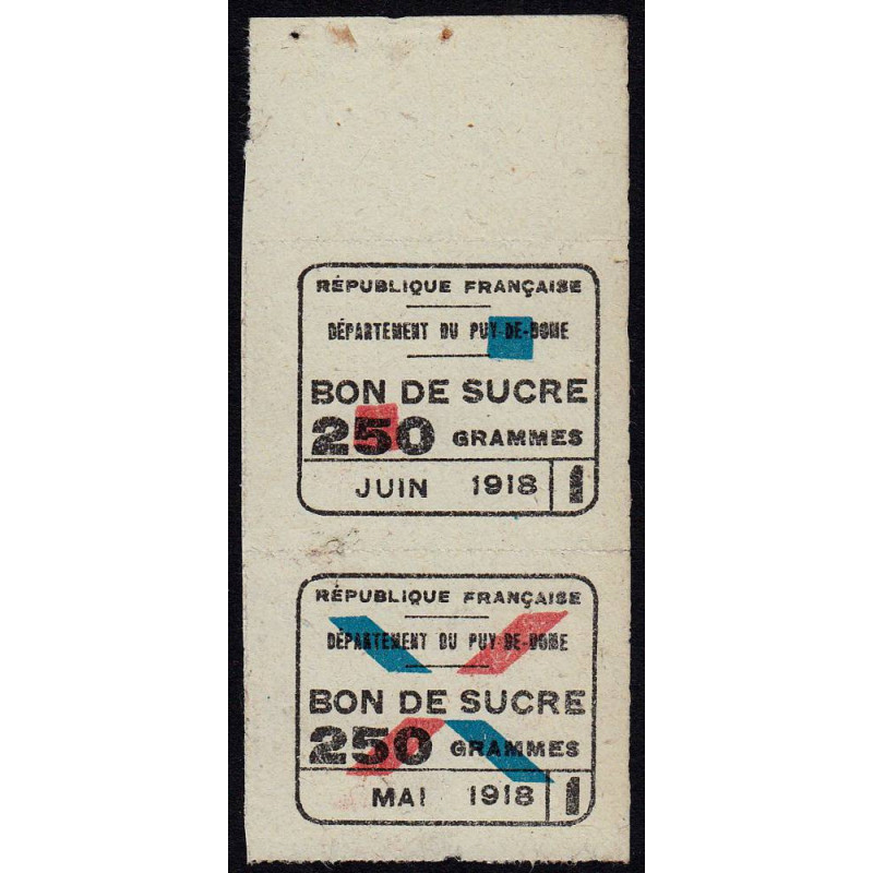 Rationnement - Sucre - 05/1918 et 06/1918 - Puy-de-Dome (63) - Etat : TTB+