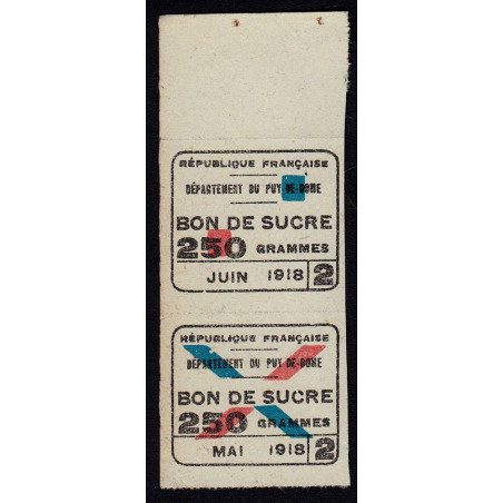 Rationnement - Sucre - 05/1918 et 06/1918 - Puy-de-Dome (63) - Etat : TTB+