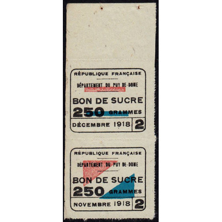 Rationnement - Sucre - 11/1918 et 12/1918 - Puy-de-Dome (63) - Etat : TTB+