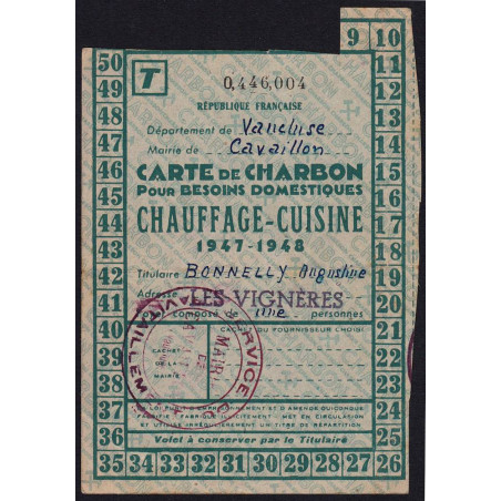 Chauffage - Charbon - Catégorie T - 1947 - Cavaillon (84) - Etat : TTB