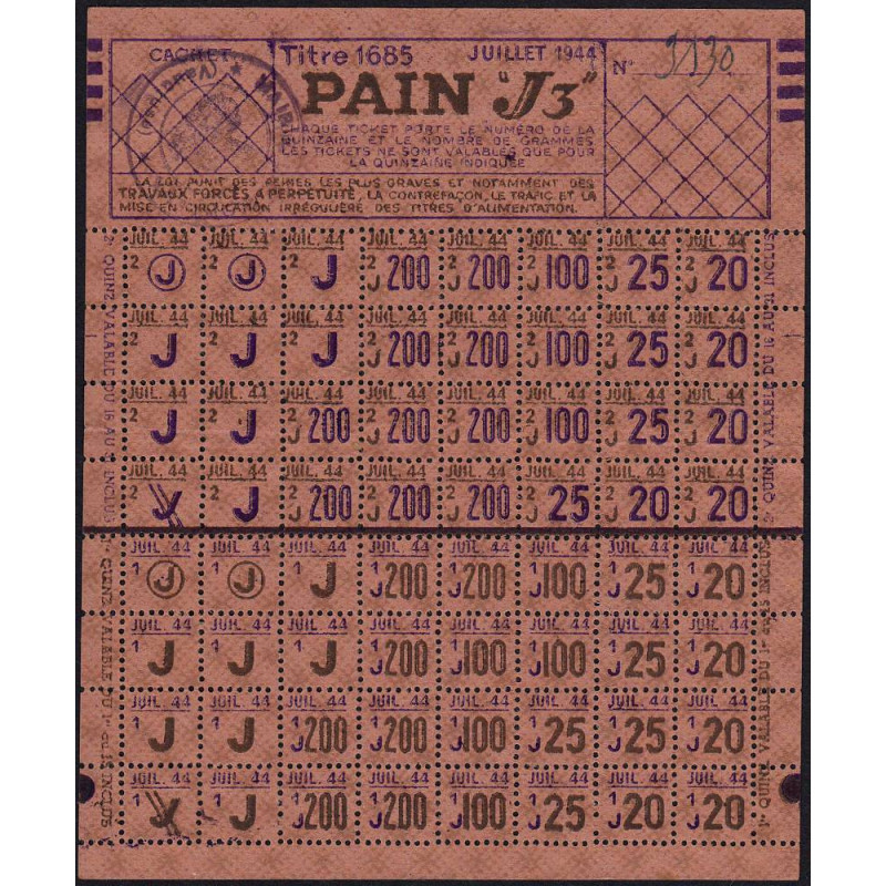 Pain - Titre 1685 - Catégorie J3 - 07/1944 - Monteux (84) - Etat : SUP