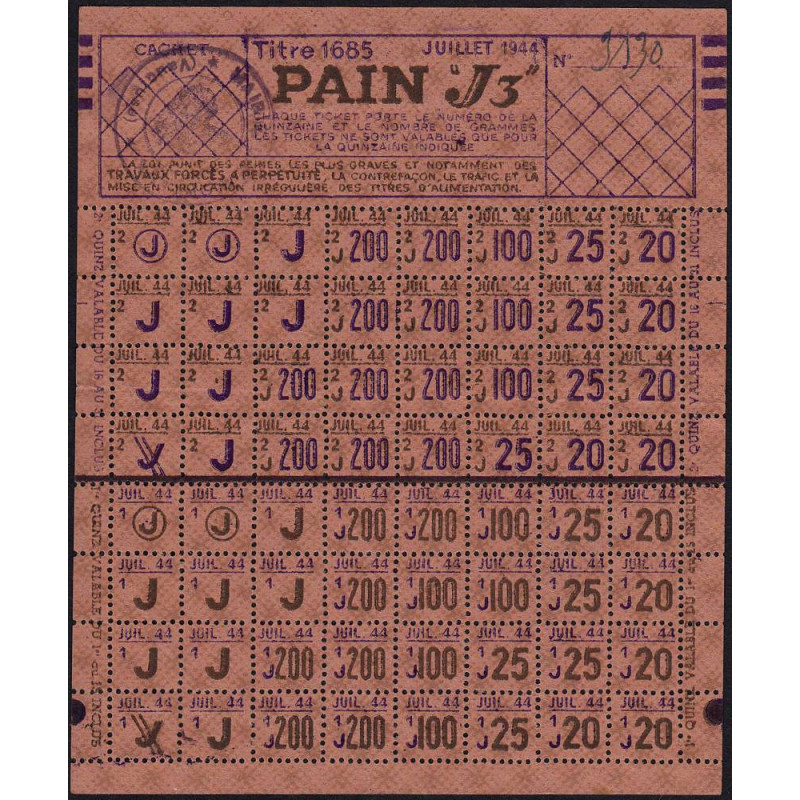 1944 - Titre 1685 - Pain - Catégorie J3 - Juillet - Monteux (84) - Etat : SUP