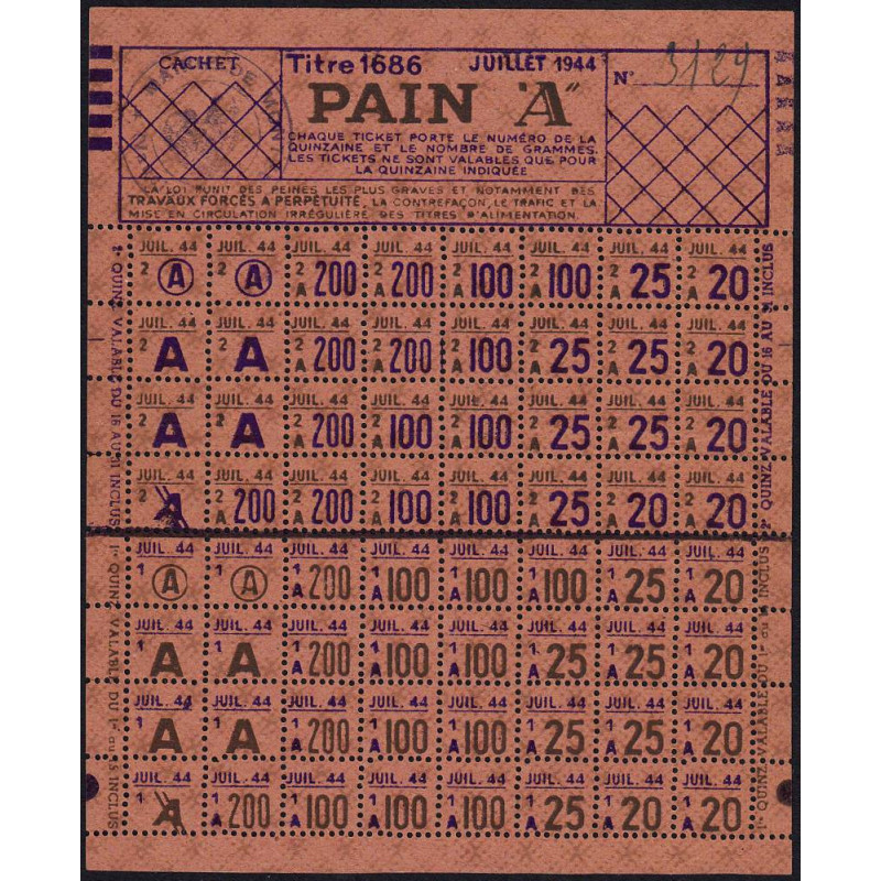 Pain - Titre 1686 - Catégorie A - 07/1944 - Monteux (84) - Etat : SUP