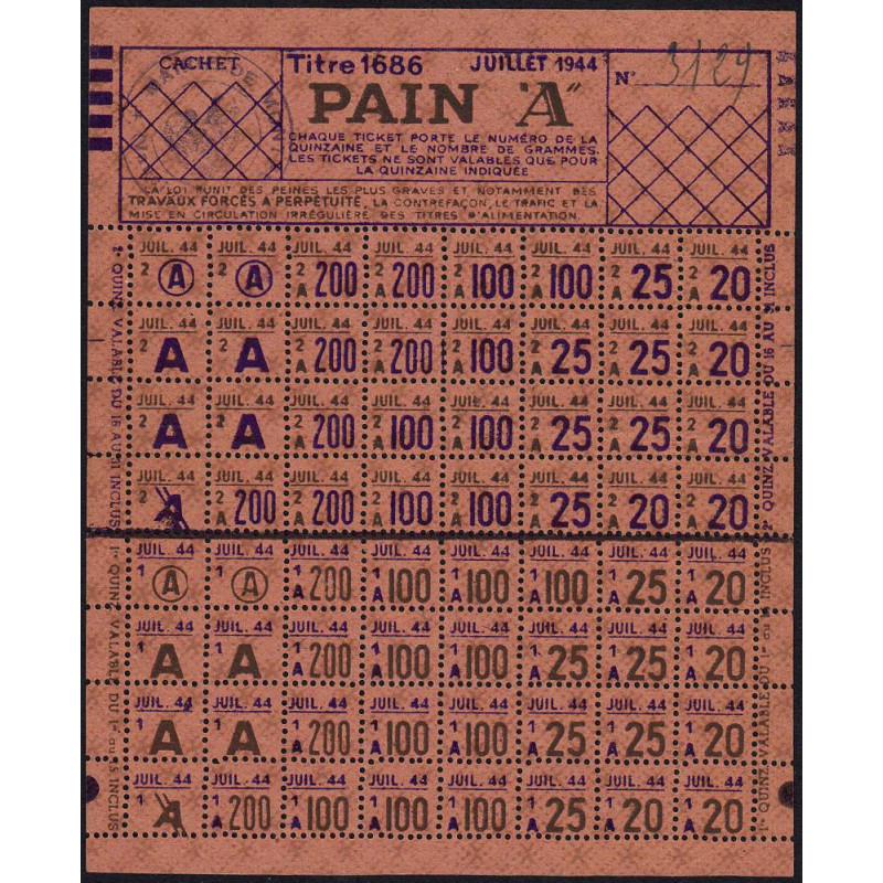 1944 - Titre 1686 - Pain - Catégorie A - Juillet - Monteux (84) - Etat : SUP