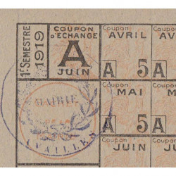 Rationnement - Feuille coupons - Catégorie A - 01/1919 à 06/1919 - Availles (86) - Etat : SPL