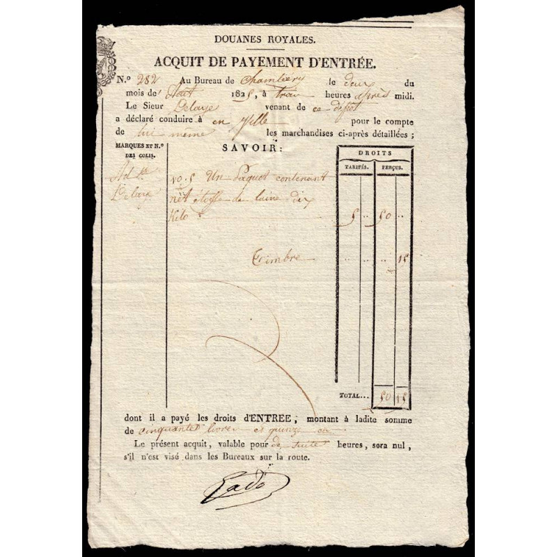 Duché de Savoie - Chambéry - 02/08/1825 - Droit de douane - 50 livres et 15 centimes - Etat : SUP