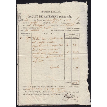 Duché de Savoie - Chambéry - 05/07/1825 - Droit de douane - 103 livres et 15 centimes - Etat : SUP